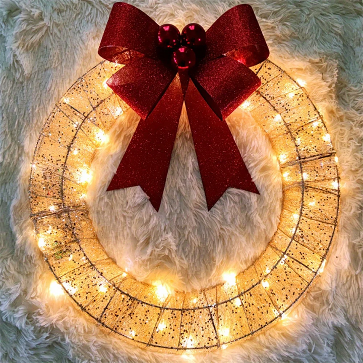 Julkrans med LED-ljus och rosett – 50 cm dörrkrans