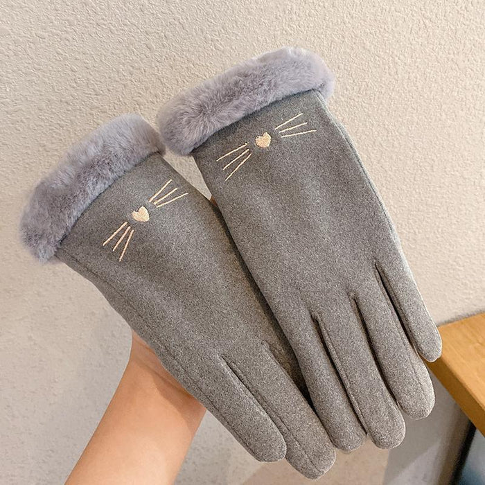 Myslunda Handskar i mockalook med pälsmudd och kattmotiv