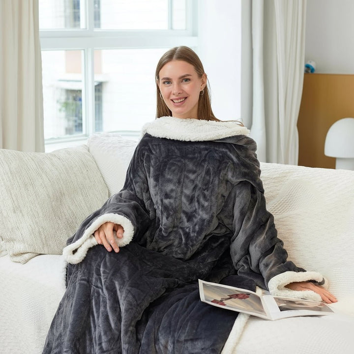 Elektriskt uppvärmd Bärbar Filt med Ärmar och Foot Ficka Sherpa-fleece Pläd