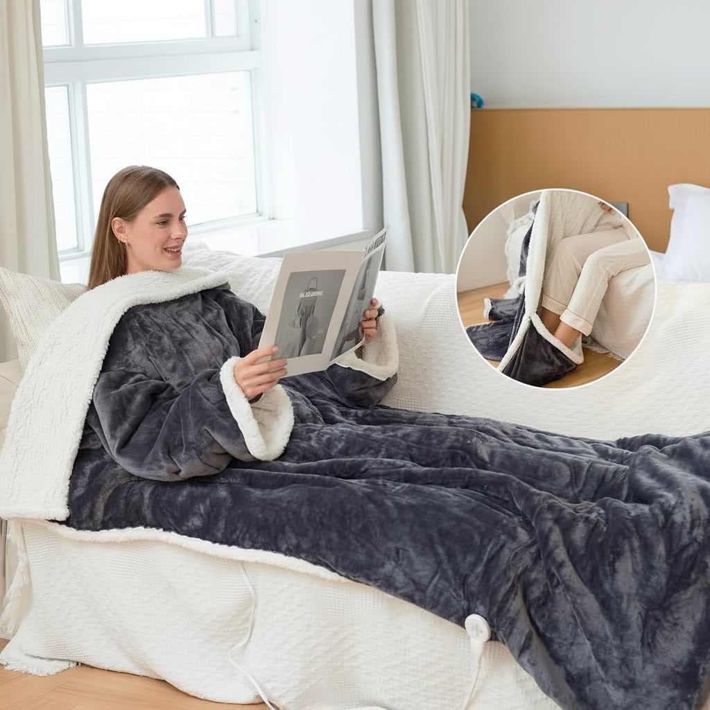 Elektriskt uppvärmd Bärbar Filt med Ärmar och Foot Ficka Sherpa-fleece Pläd