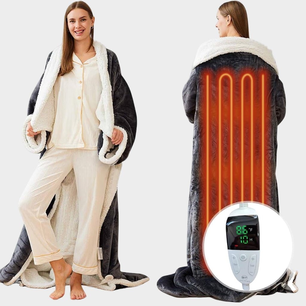 Elektriskt uppvärmd Bärbar Filt med Ärmar och Foot Ficka Sherpa-fleece Pläd