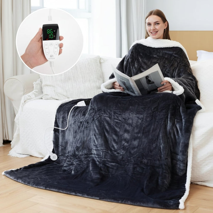 Elektriskt uppvärmd Bärbar Filt med Ärmar och Foot Ficka Sherpa-fleece Pläd