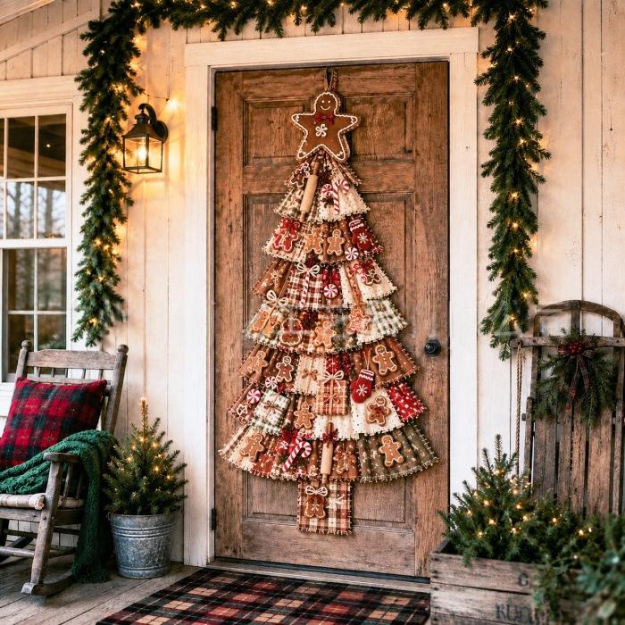 Julgransformad patchworkdekoration på dörr
