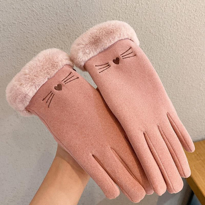 Myslunda Handskar i mockalook med pälsmudd och kattmotiv