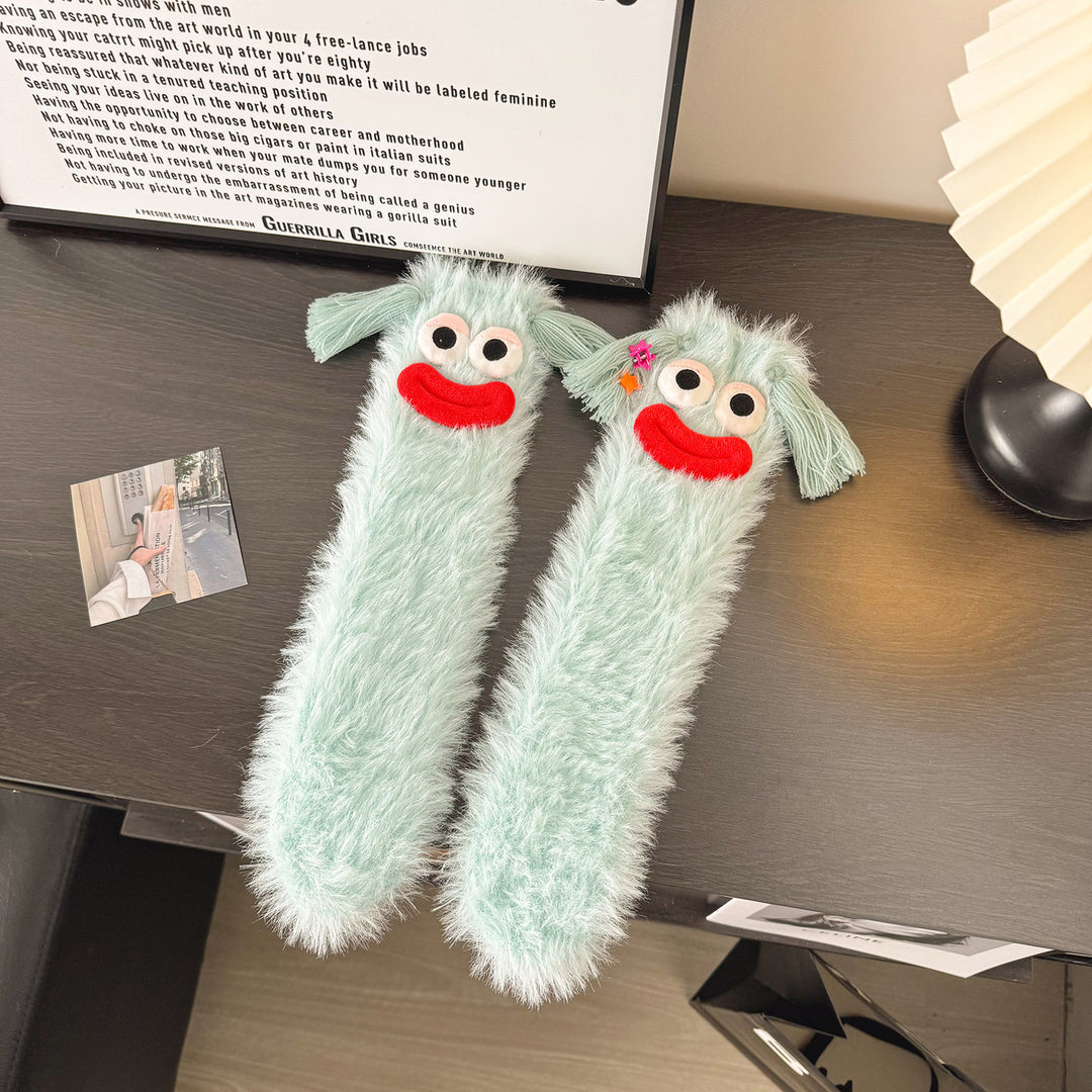 Fluffiga fleecestrumpor med kaninansikte på tån