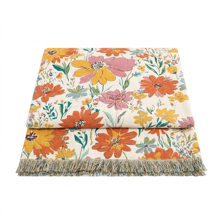 Bomullsfilt i jacquard med ängsblommor för alla årstider