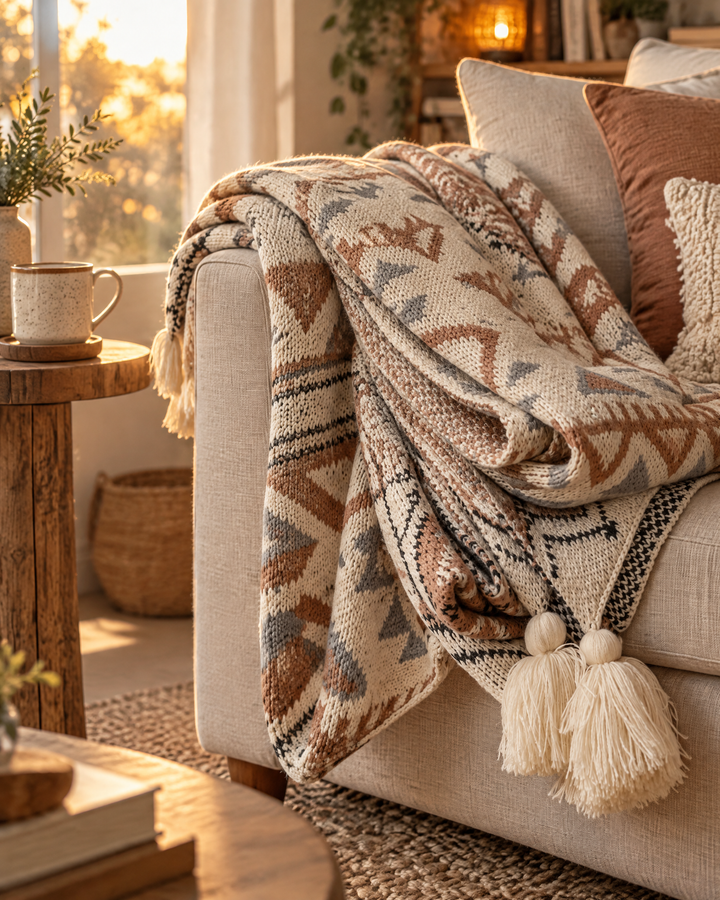 Stickad boho-pläd med tofsar i mjuk naturbeige