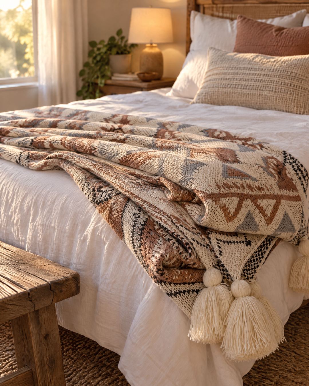 Stickad boho-pläd med tofsar i mjuk naturbeige