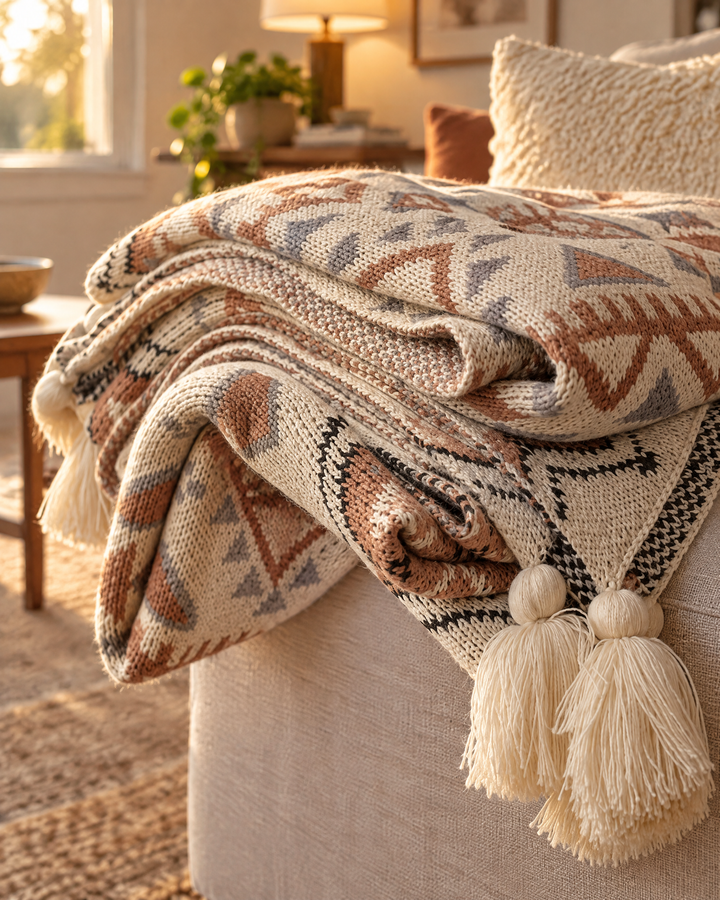 Stickad boho-pläd med tofsar i mjuk naturbeige