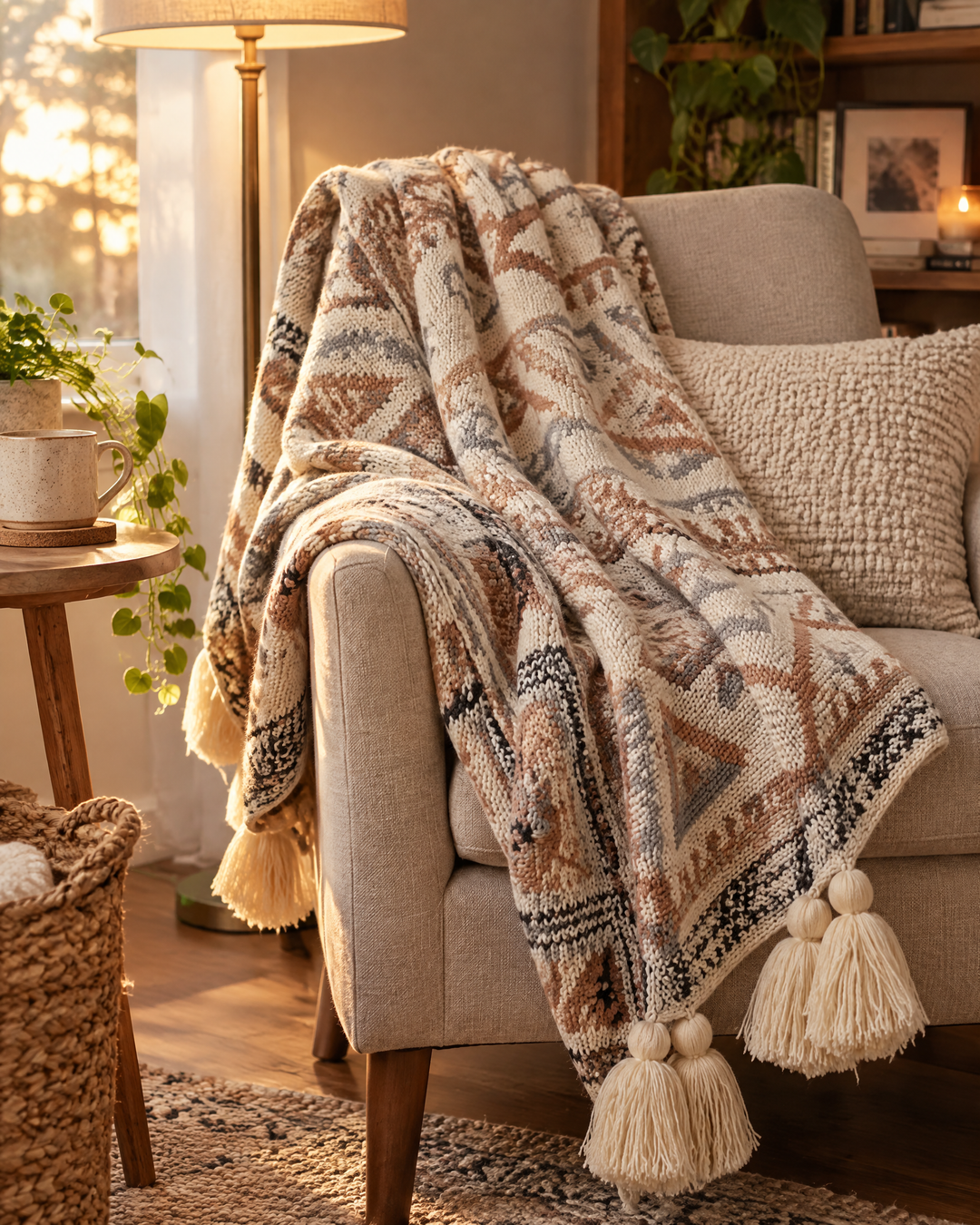 Stickad boho-pläd med tofsar i mjuk naturbeige