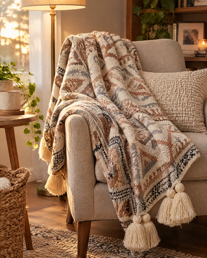 Stickad boho-pläd med tofsar i mjuk naturbeige