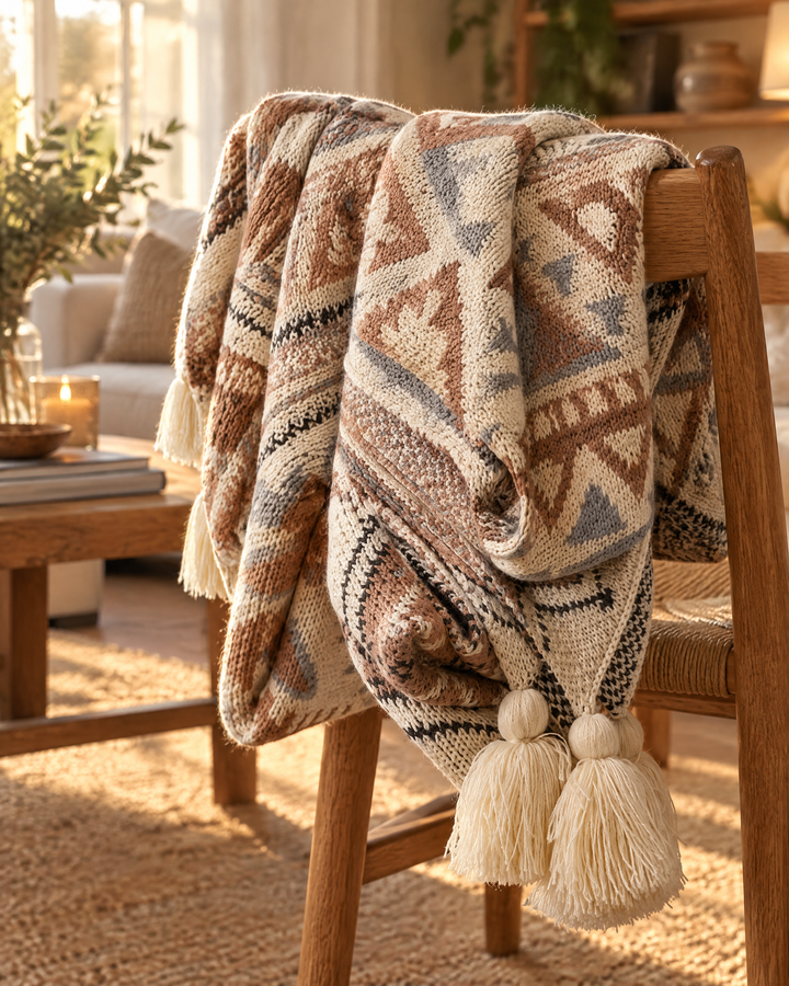 Stickad boho-pläd med tofsar i mjuk naturbeige