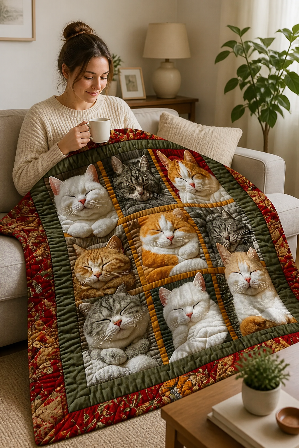 Vändbar flanellpläd med nio sovande katter