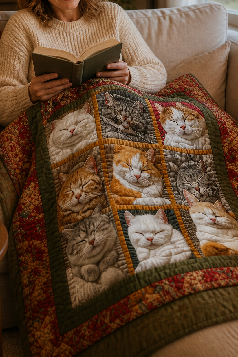 Vändbar flanellpläd med nio sovande katter