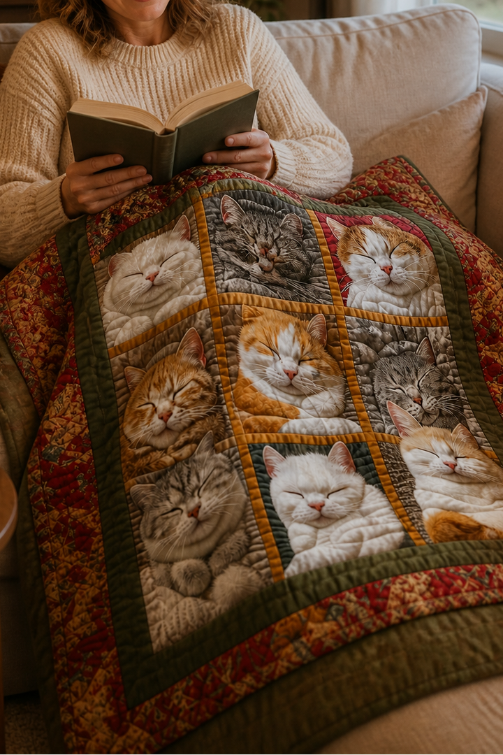 Vändbar flanellpläd med nio sovande katter