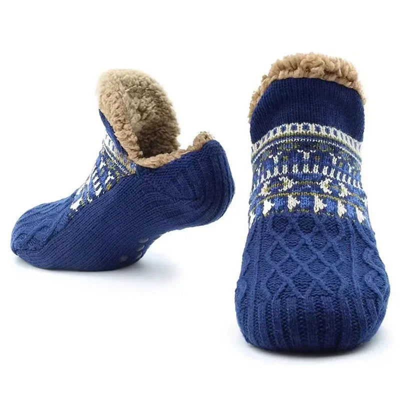 Mysiga fleecefodrade strumpor med snömönster och halkskydd