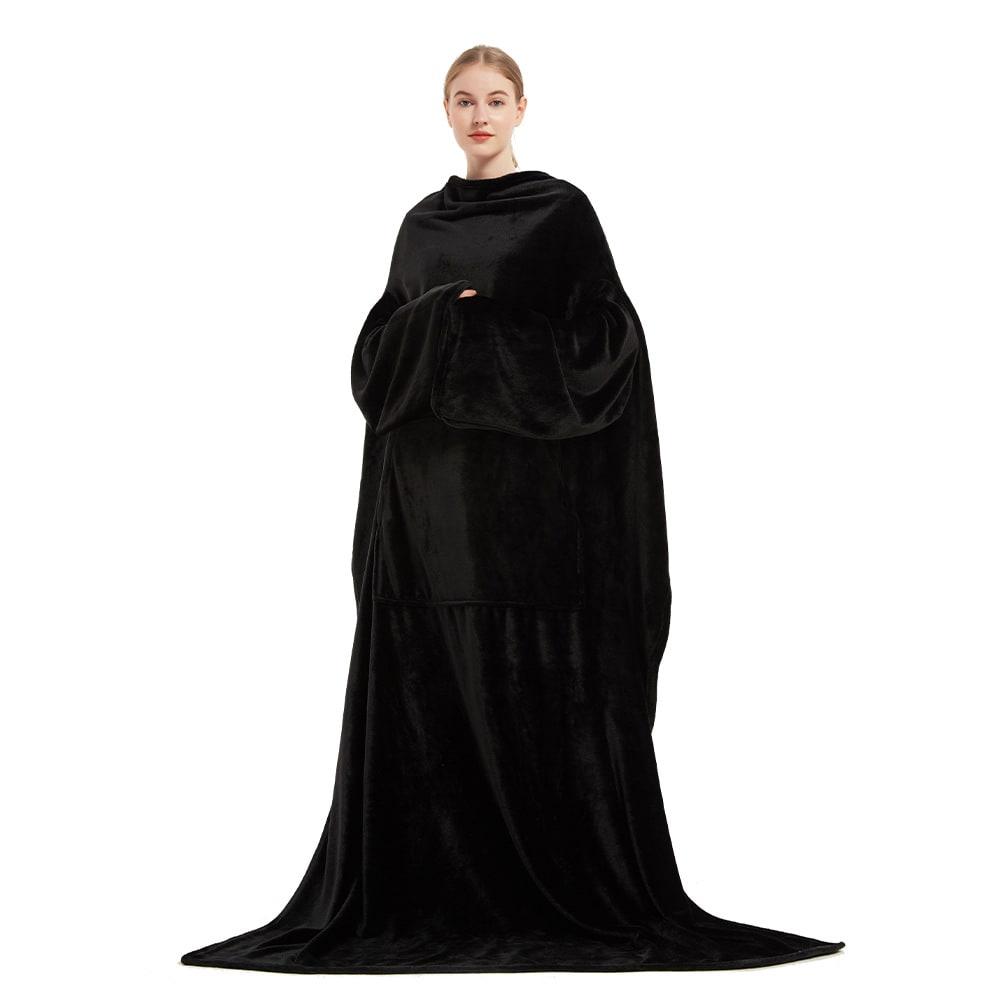 Dam Filt med Ärmar Bärbar Fleece Morgonrock med Framficka och Lång Oversized Passform